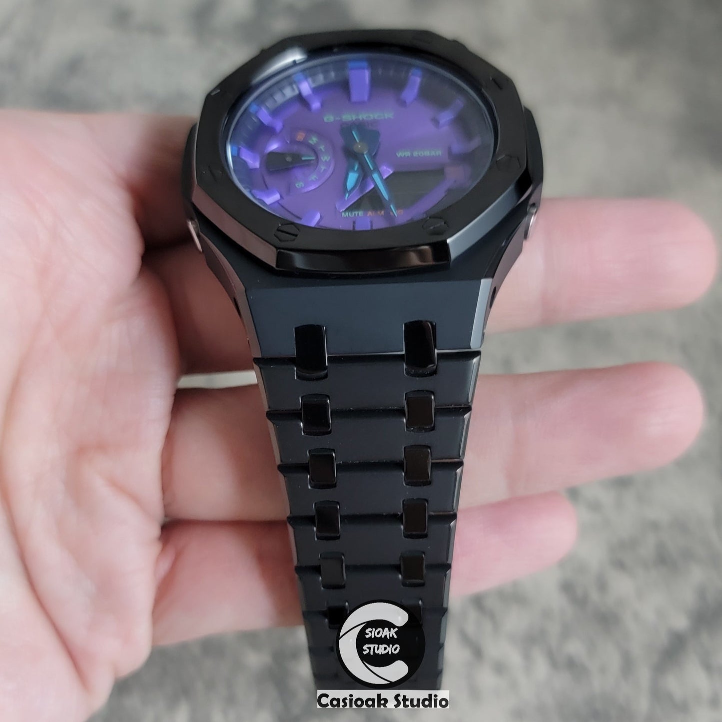 Casioak Mod Watch Polished Black Case Metal Strap Purple Time Mark Purple Dial 44mm- Casioak Mod Casio G-Shock Royal Oak Custom Mens Luxury Watches Ga2100