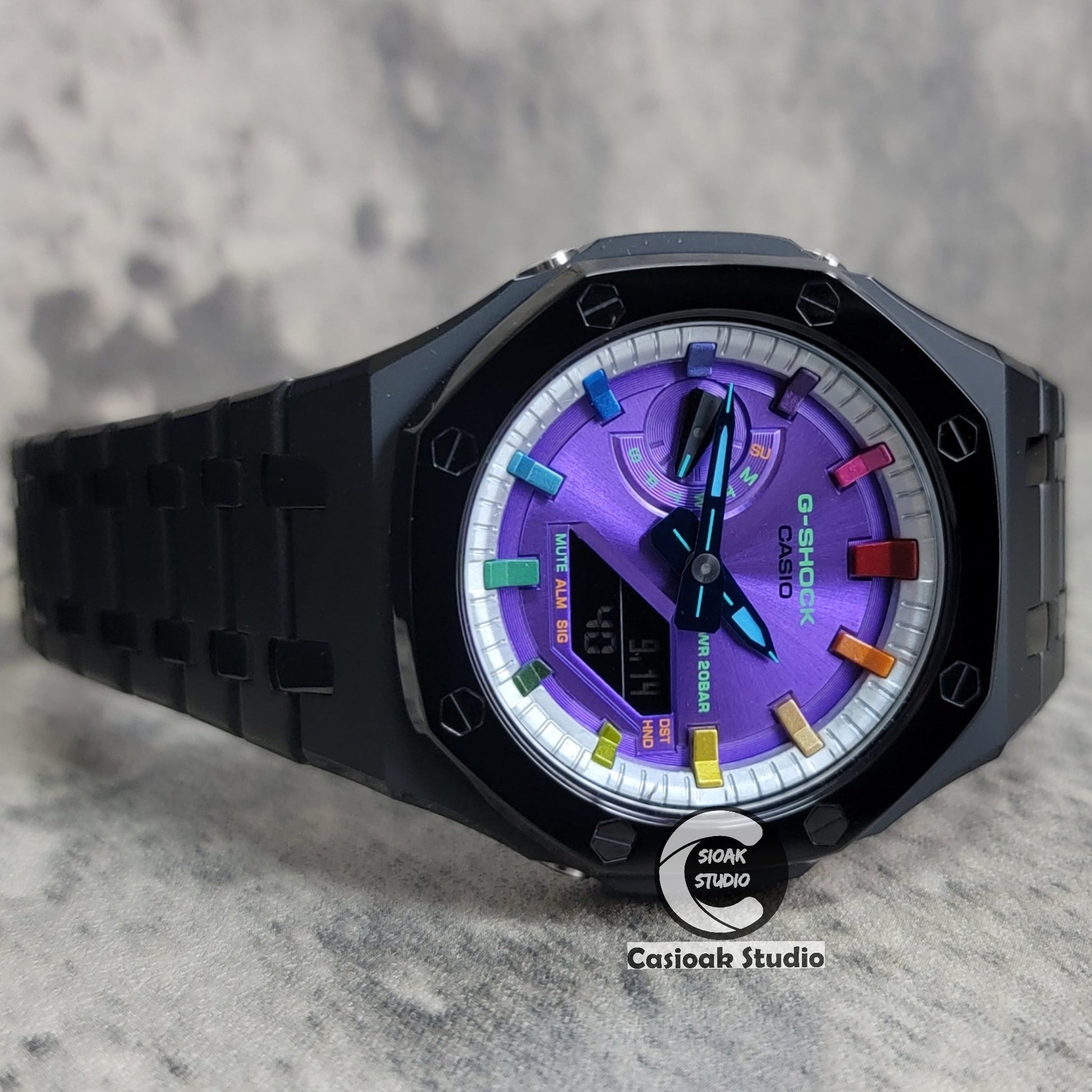 Casioak Mod Watch Polished Black Case Metal Strap Silver Rainbow Time Mark Purple Dial 44mm- Casioak Mod Casio G-Shock Royal Oak Custom Mens Luxury Watches Ga2100