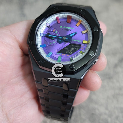 Casioak Mod Watch Polished Black Case Metal Strap Silver Rainbow Time Mark Purple Dial 44mm- Casioak Mod Casio G-Shock Royal Oak Custom Mens Luxury Watches Ga2100