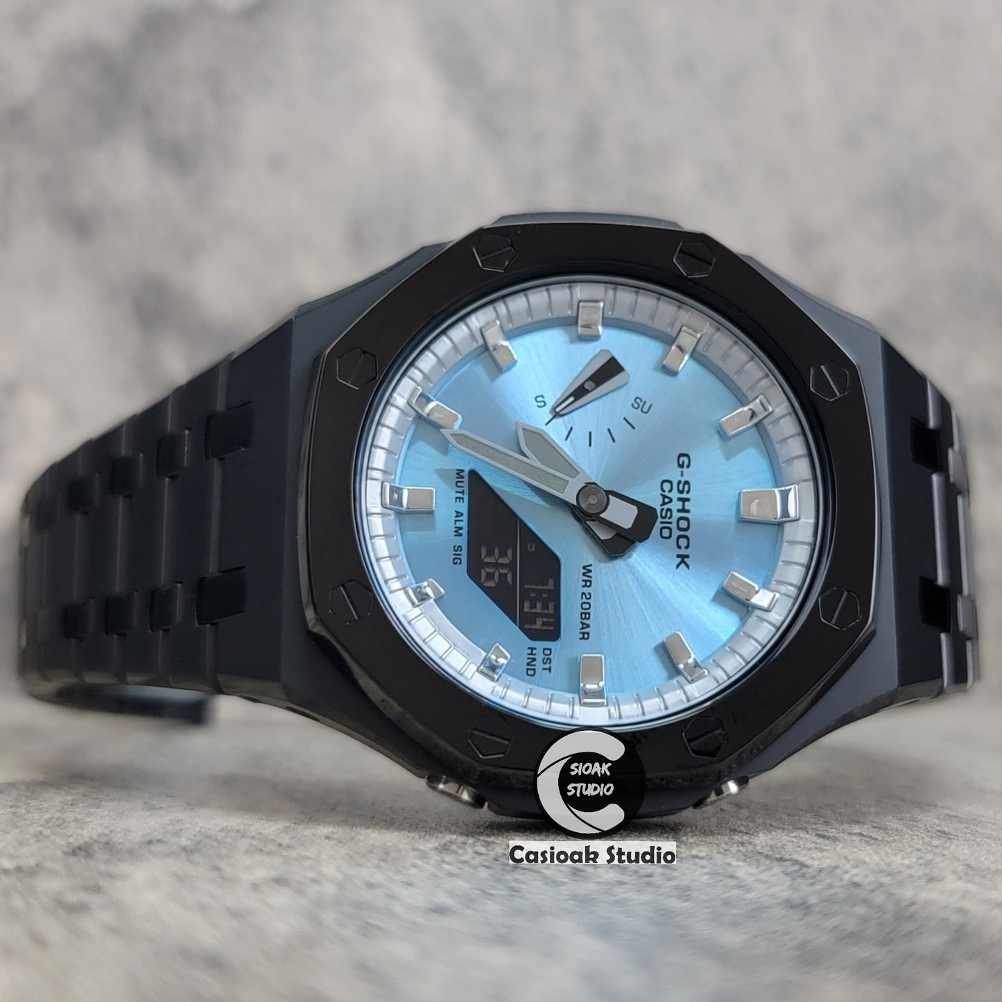 Casioak Mod Watch Polished Black Case Metal Strap Silver Time Mark Ice Blue Dial 44mm- Casioak Mod Casio G-Shock Royal Oak Custom Mens Luxury Watches Ga2100