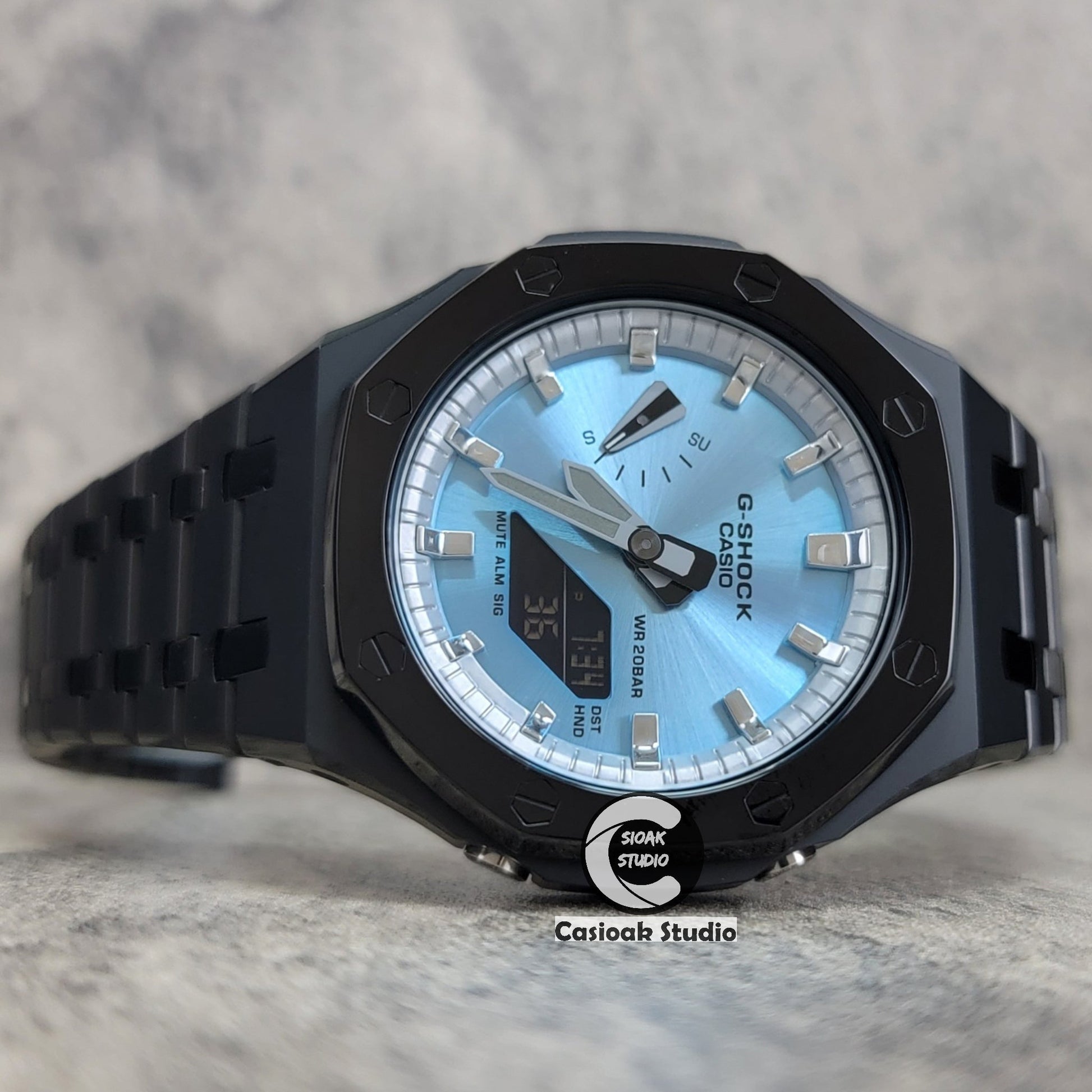 Casioak Mod Watch Polished Black Case Metal Strap Silver Time Mark Ice Blue Dial 44mm- Casioak Mod Casio G-Shock Royal Oak Custom Mens Luxury Watches Ga2100