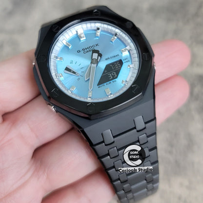 Casioak Mod Watch Polished Black Case Metal Strap Silver Time Mark Ice Blue Dial 44mm- Casioak Mod Casio G-Shock Royal Oak Custom Mens Luxury Watches Ga2100