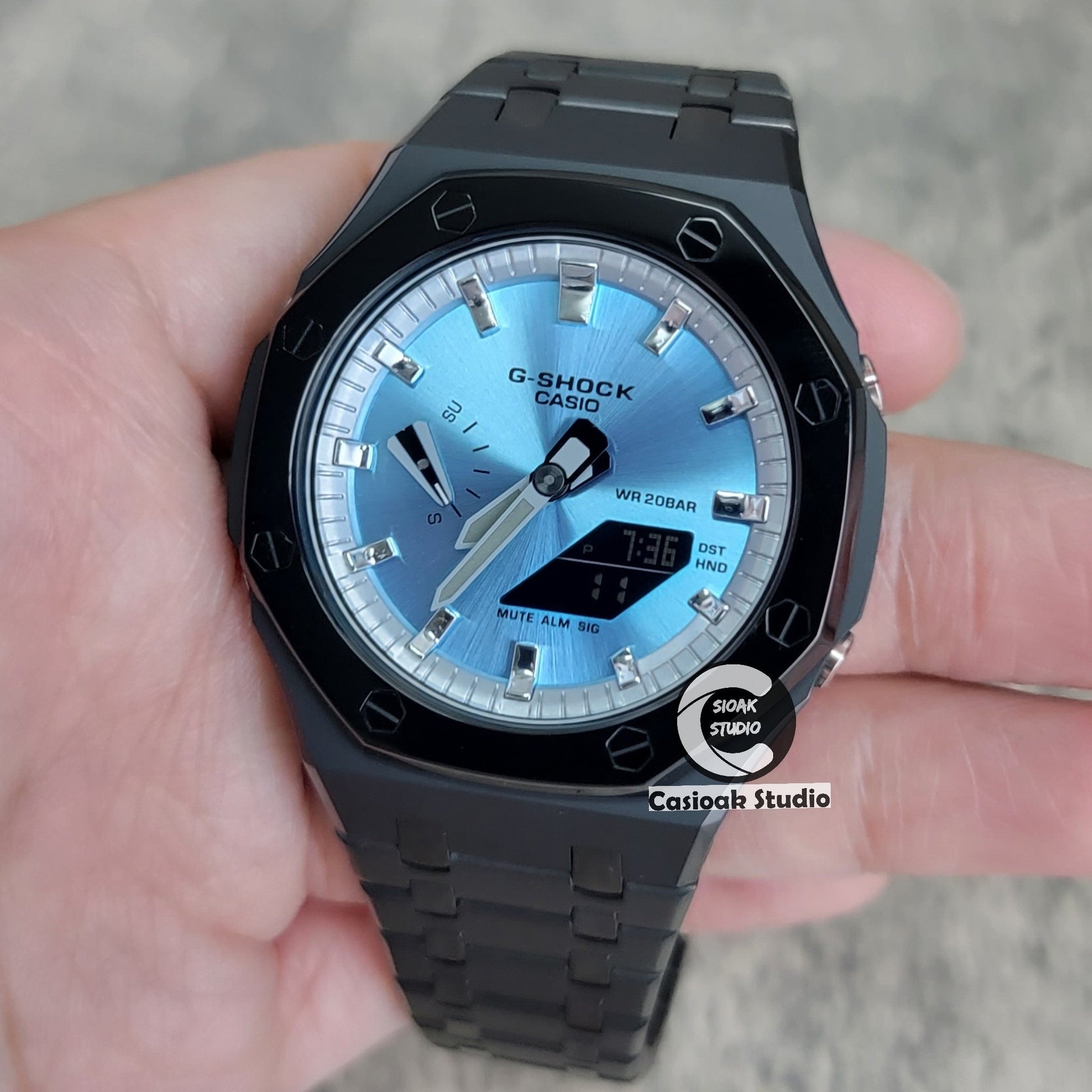 Casioak Mod Watch Polished Black Case Metal Strap Silver Time Mark Ice Blue Dial 44mm- Casioak Mod Casio G-Shock Royal Oak Custom Mens Luxury Watches Ga2100