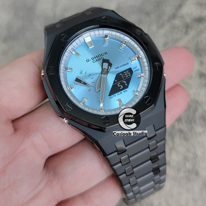 Casioak Mod Watch Polished Black Case Metal Strap Silver Time Mark Ice Blue Dial 44mm- Casioak Mod Casio G-Shock Royal Oak Custom Mens Luxury Watches Ga2100