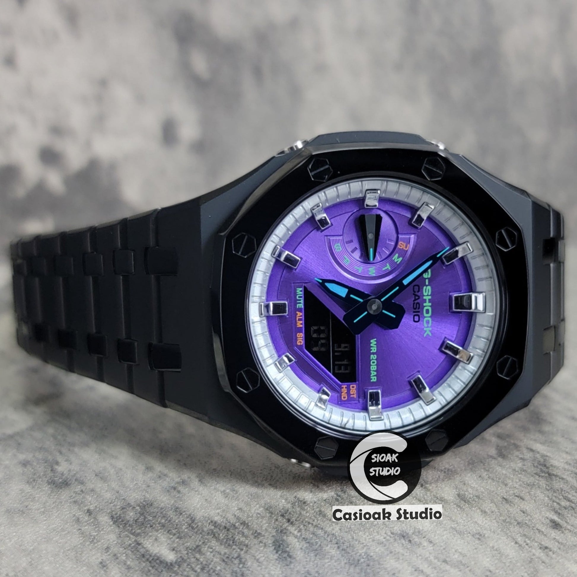 Casioak Mod Watch Polished Black Case Metal Strap Silver Time Mark Purple Dial 44mm- Casioak Mod Casio G-Shock Royal Oak Custom Mens Luxury Watches Ga2100