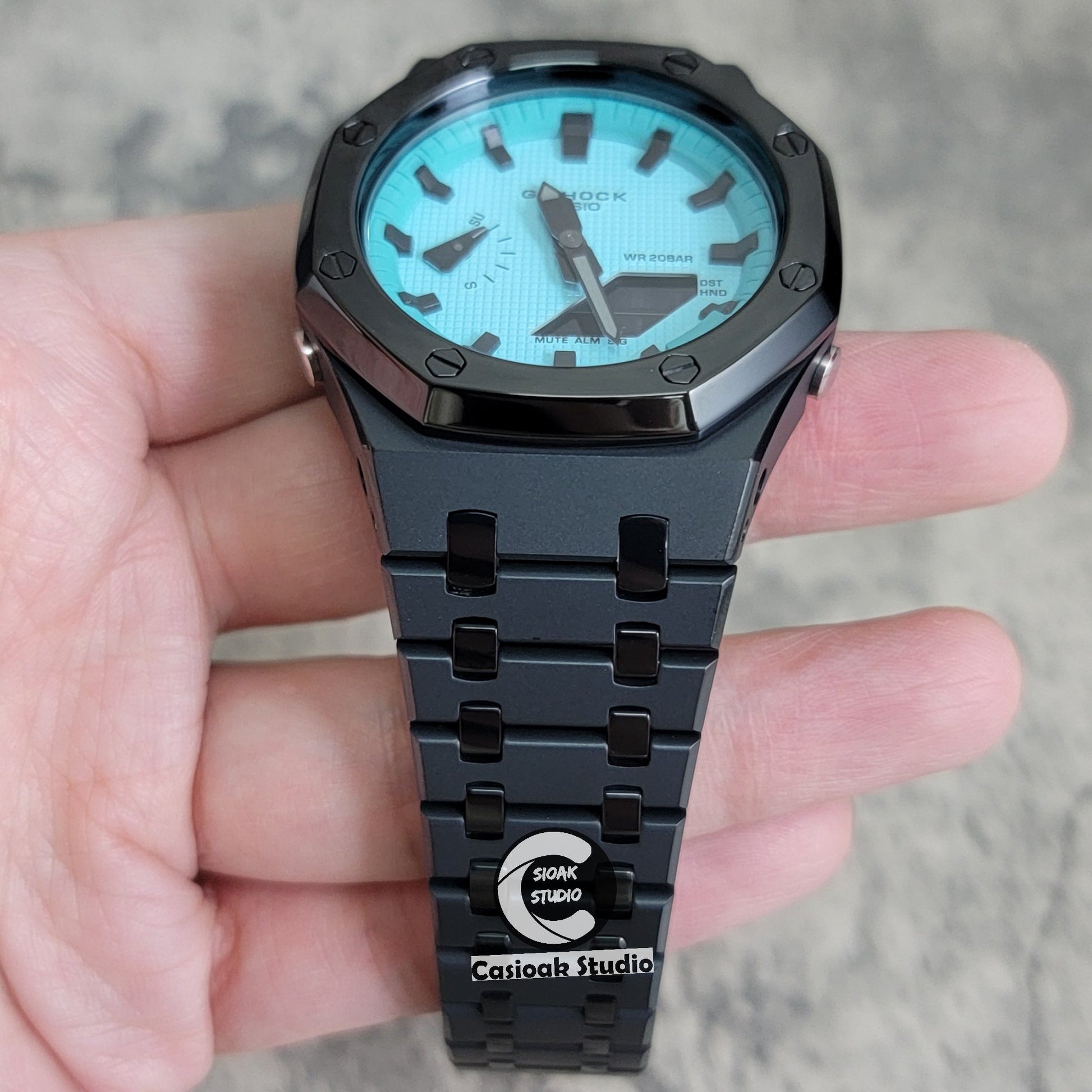 Casioak Mod Watch Polished Black Case Metal Strap Tiff Black Time Mark Tiff Blue Dial 44mm- Casioak Mod Casio G-Shock Royal Oak Custom Mens Luxury Watches Ga2100