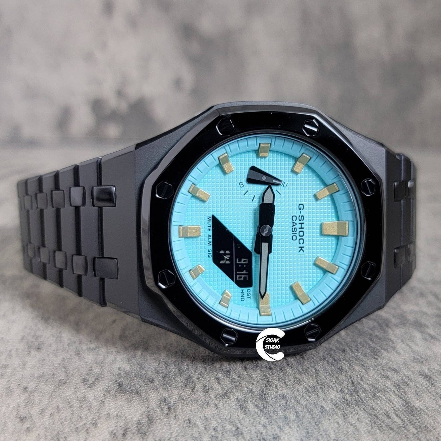 Casioak Mod Watch Polished Black Case Metal Strap Tiff Gold Time Mark Tiff Blue Dial 44mm- Casioak Mod Casio G-Shock Royal Oak Custom Mens Luxury Watches Ga2100