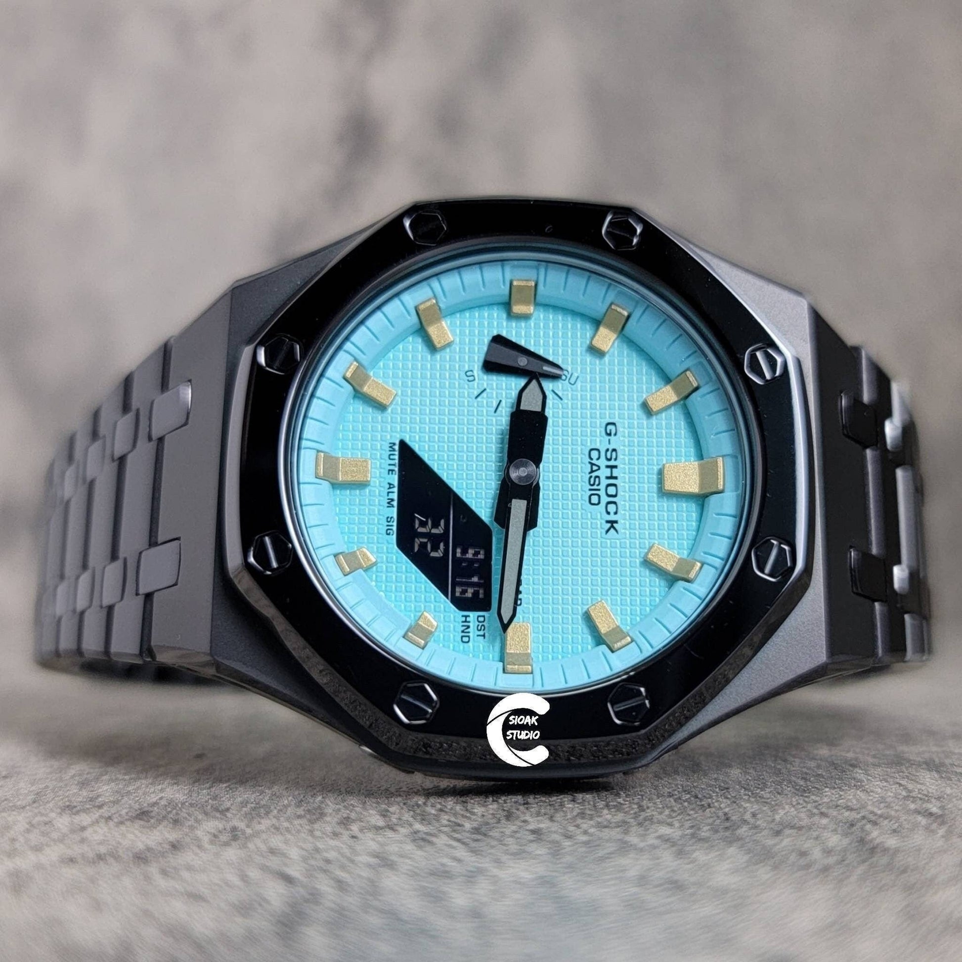 Casioak Mod Watch Polished Black Case Metal Strap Tiff Gold Time Mark Tiff Blue Dial 44mm- Casioak Mod Casio G-Shock Royal Oak Custom Mens Luxury Watches Ga2100