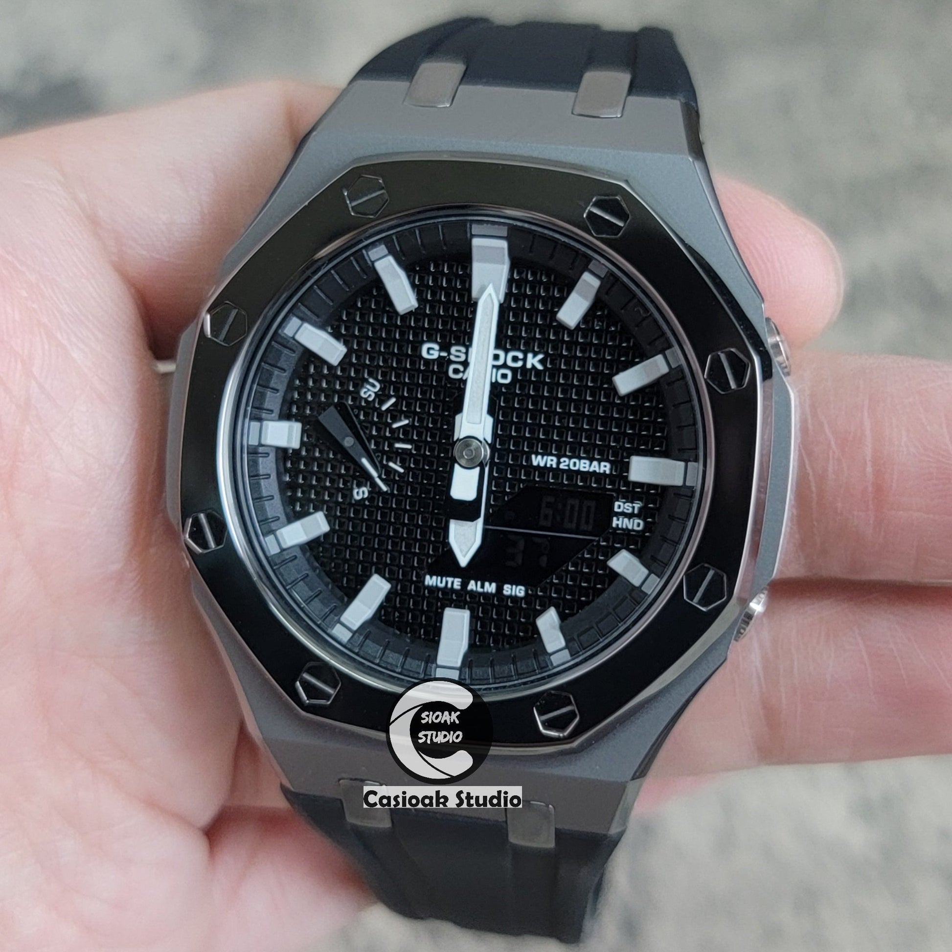 Casioak Mod Watch Polished Gray Case Black Strap Black Gray Time Mark Black Waffle Dial 44mm- Casioak Mod Casio G-Shock Royal Oak Custom Mens Luxury Watches Ga2100