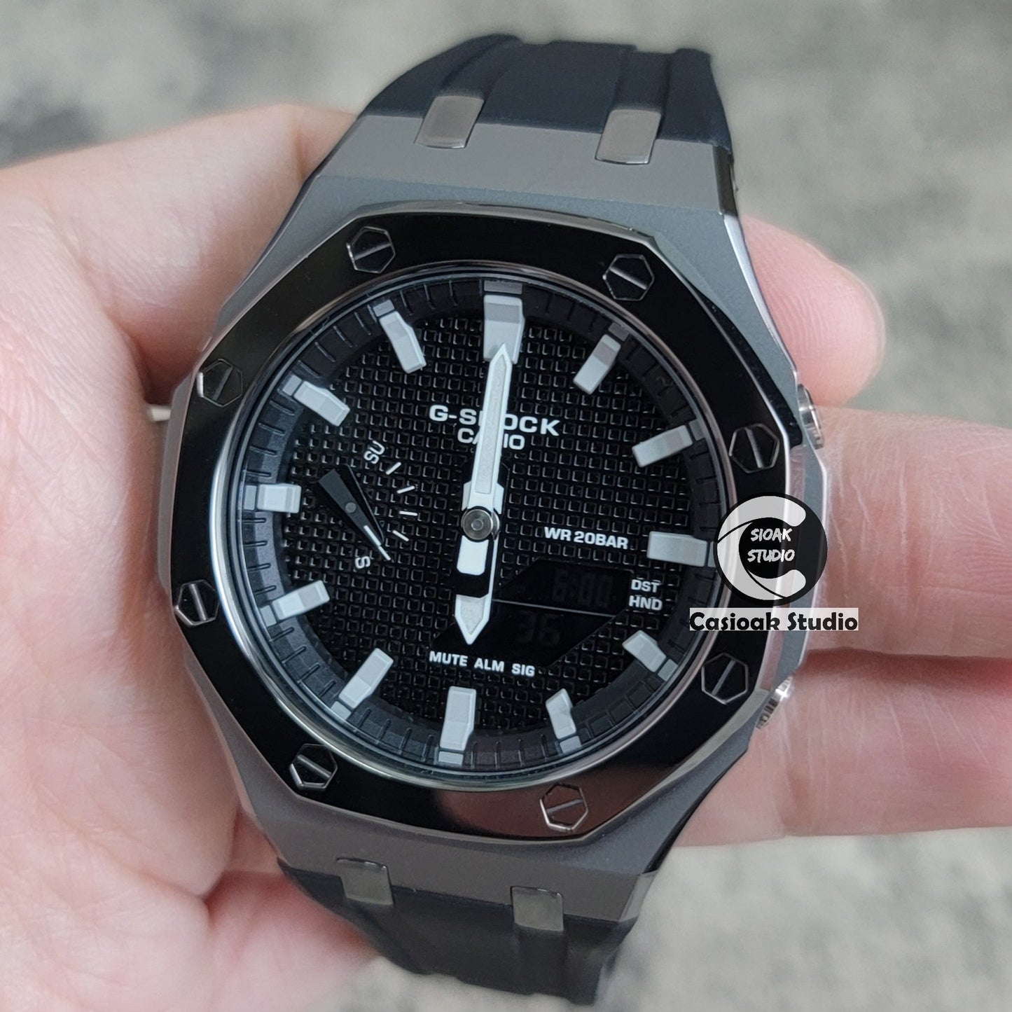 Casioak Mod Watch Polished Gray Case Black Strap Black Gray Time Mark Black Waffle Dial 44mm- Casioak Mod Casio G-Shock Royal Oak Custom Mens Luxury Watches Ga2100