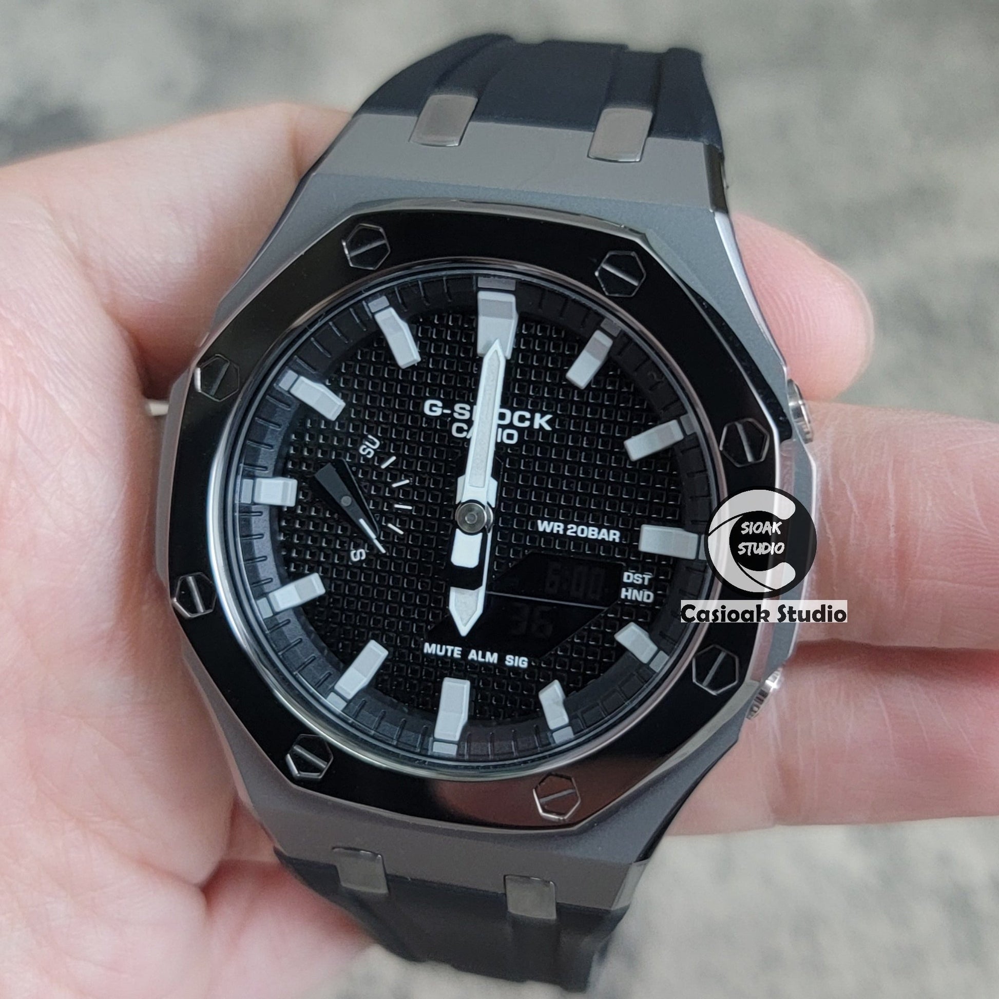 Casioak Mod Watch Polished Gray Case Black Strap Black Gray Time Mark Black Waffle Dial 44mm- Casioak Mod Casio G-Shock Royal Oak Custom Mens Luxury Watches Ga2100