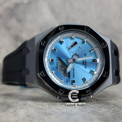 Casioak Mod Watch Polished Gray Case Black Strap Silver Time Mark Blue Dial 44mm- Casioak Mod Casio G-Shock Royal Oak Custom Mens Luxury Watches Ga2100