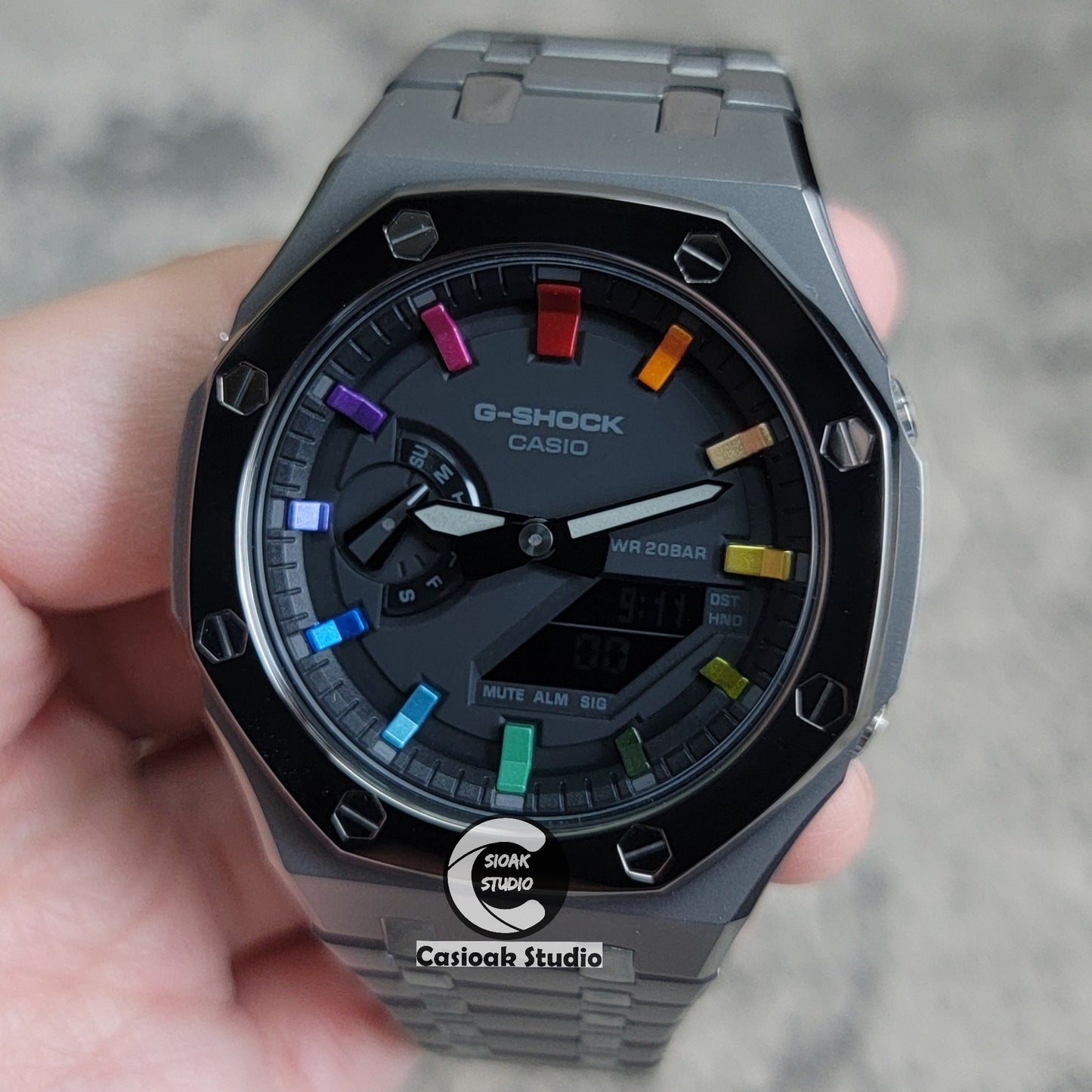 Casioak Mod Watch Polished Gray Case Metal Strap Black Rainbow Time Mark Black Dial 44mm- Casioak Mod Casio G-Shock Royal Oak Custom Mens Luxury Watches Ga2100