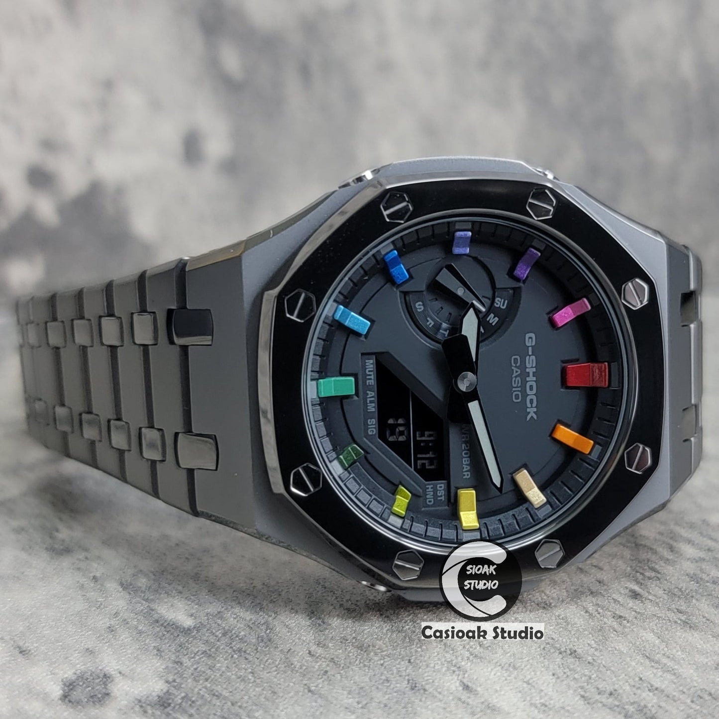 Casioak Mod Watch Polished Gray Case Metal Strap Black Rainbow Time Mark Black Dial 44mm- Casioak Mod Casio G-Shock Royal Oak Custom Mens Luxury Watches Ga2100