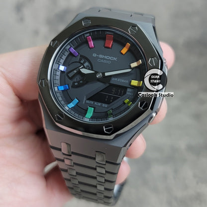 Casioak Mod Watch Polished Gray Case Metal Strap Black Rainbow Time Mark Black Dial 44mm- Casioak Mod Casio G-Shock Royal Oak Custom Mens Luxury Watches Ga2100