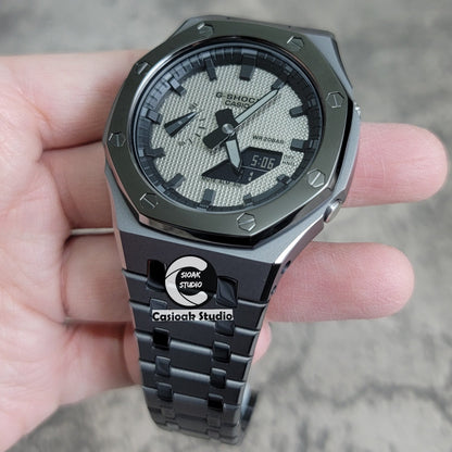 Casioak Mod Watch Polished Gray Case Metal Strap Black Time Mark Gray Waffle Dial 44mm- Casioak Mod Casio G-Shock Royal Oak Custom Mens Luxury Watches Ga2100