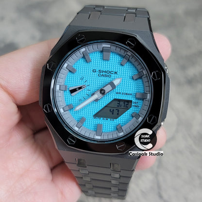 Casioak Mod Watch Polished Gray Case Metal Strap Gray Time Mark Tiff Blue Dial 44mm- Casioak Mod Casio G-Shock Royal Oak Custom Mens Luxury Watches Ga2100