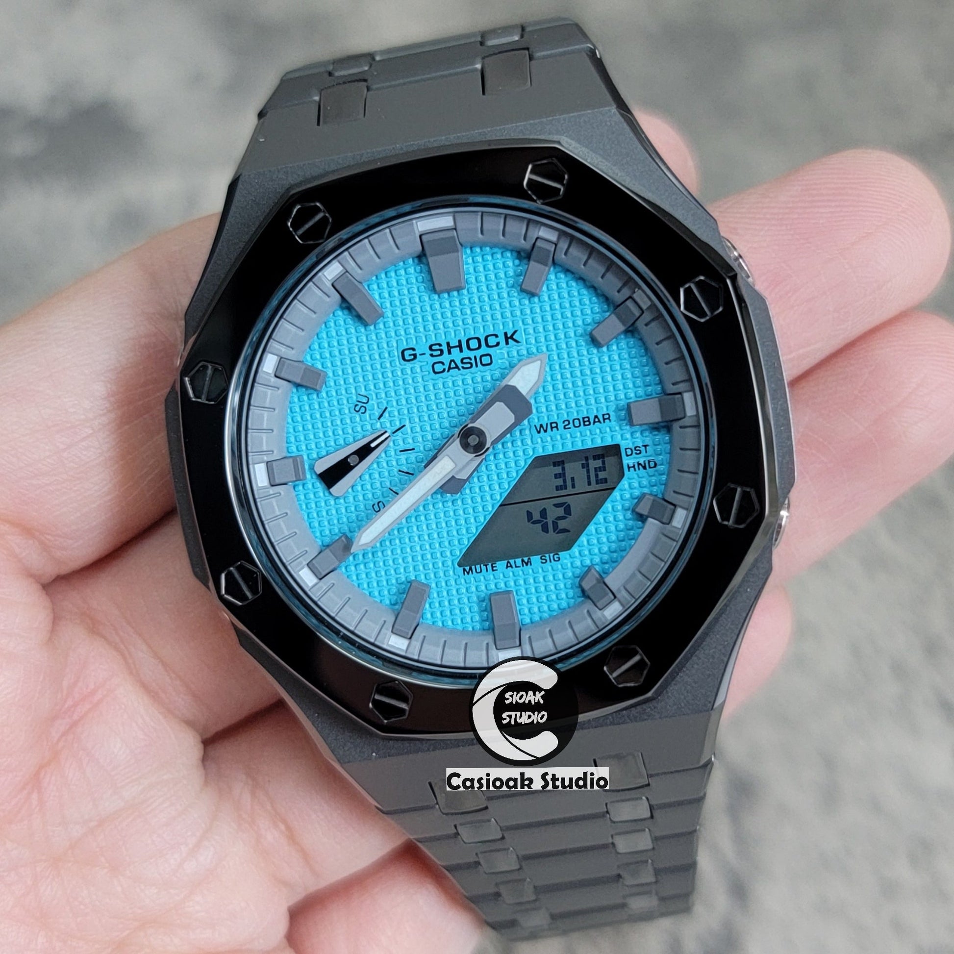 Casioak Mod Watch Polished Gray Case Metal Strap Gray Time Mark Tiff Blue Dial 44mm- Casioak Mod Casio G-Shock Royal Oak Custom Mens Luxury Watches Ga2100