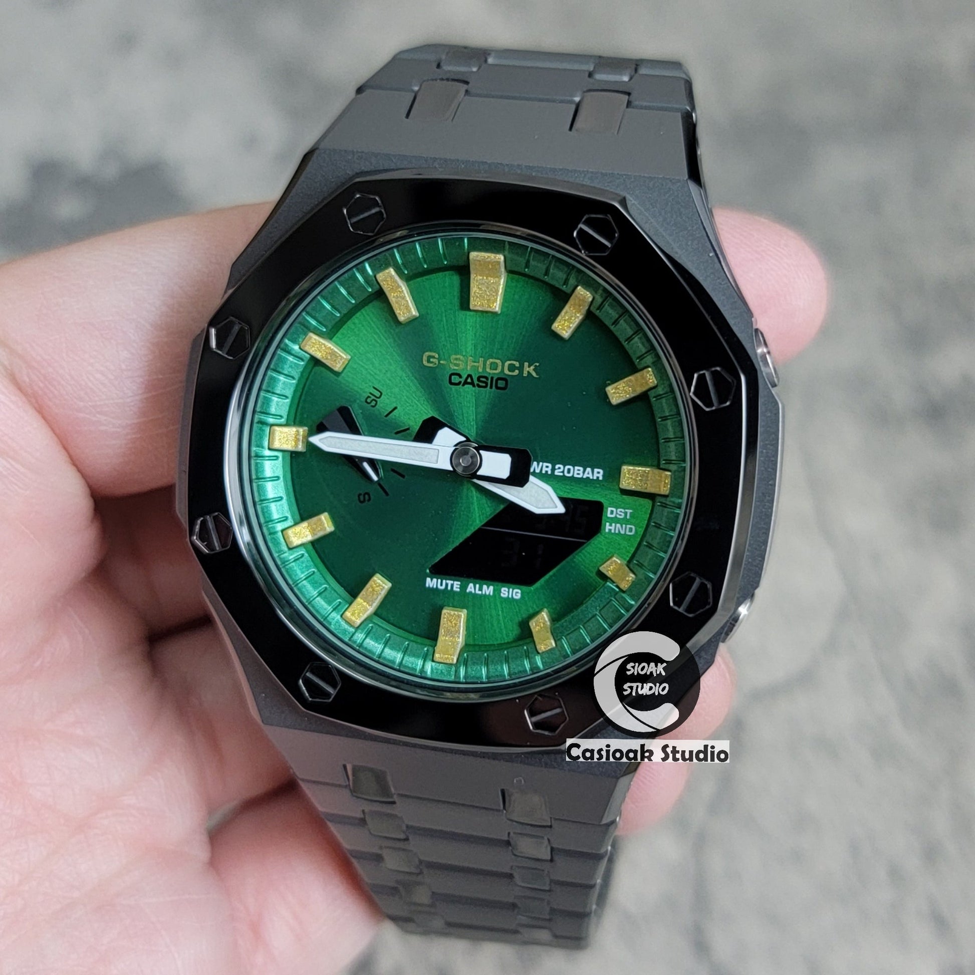 Casioak Mod Watch Polished Gray Case Metal Strap Green Gold Time Mark Green Dial 44mm- Casioak Mod Casio G-Shock Royal Oak Custom Mens Luxury Watches Ga2100