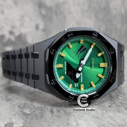 Casioak Mod Watch Polished Gray Case Metal Strap Green Gold Time Mark Green Dial 44mm- Casioak Mod Casio G-Shock Royal Oak Custom Mens Luxury Watches Ga2100