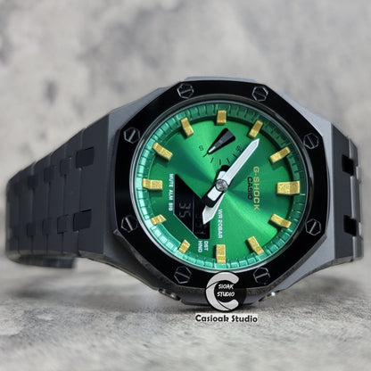 Casioak Mod Watch Polished Gray Case Metal Strap Green Gold Time Mark Green Dial 44mm- Casioak Mod Casio G-Shock Royal Oak Custom Mens Luxury Watches Ga2100