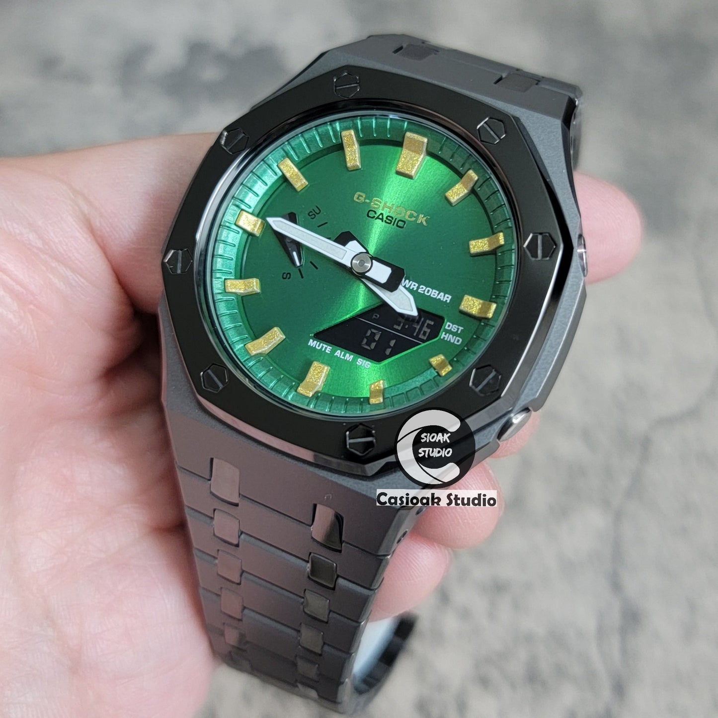 Casioak Mod Watch Polished Gray Case Metal Strap Green Gold Time Mark Green Dial 44mm- Casioak Mod Casio G-Shock Royal Oak Custom Mens Luxury Watches Ga2100