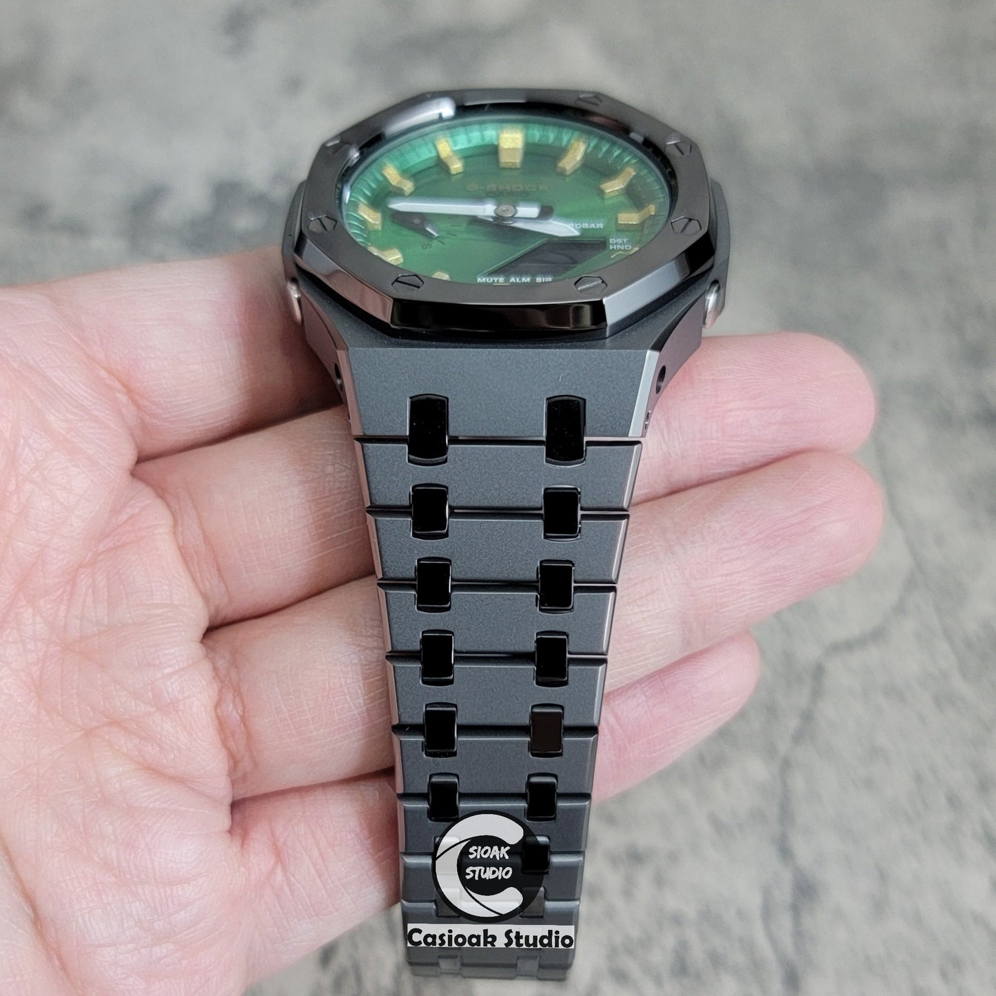 Casioak Mod Watch Polished Gray Case Metal Strap Green Gold Time Mark Green Dial 44mm- Casioak Mod Casio G-Shock Royal Oak Custom Mens Luxury Watches Ga2100