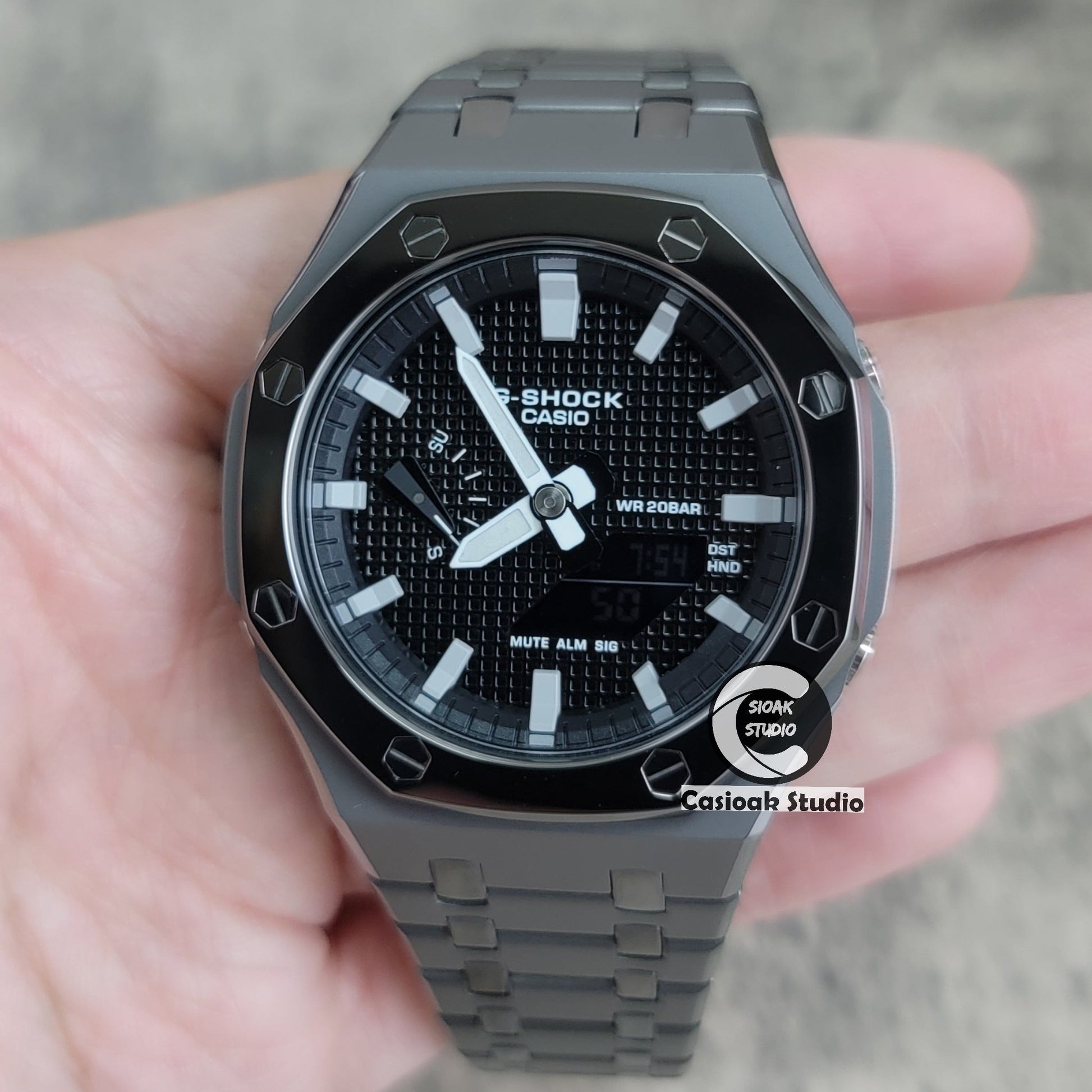 Casioak Mod Watch Polished Gray Metal Strap Black Gray Time Mark Black Waffle Dial 44mm- Casioak Mod Casio G-Shock Royal Oak Custom Mens Luxury Watches Ga2100