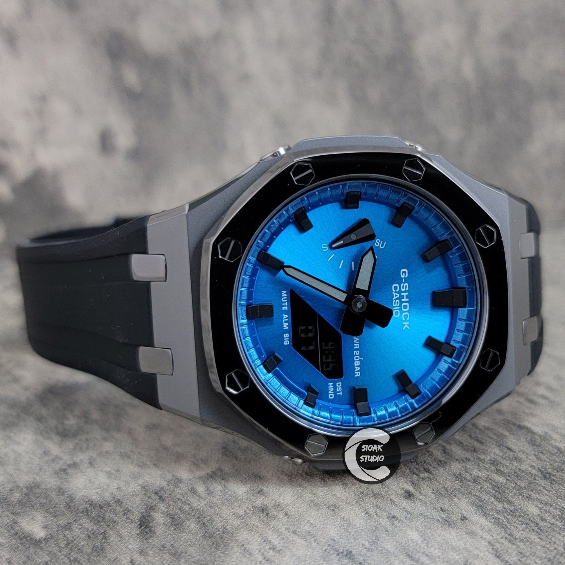 Casioak Mod Watch Polished Grey Case Black Rubber Strap Blue Black Time Mark Black Dial 44mm- Casioak Mod Casio G-Shock Royal Oak Custom Mens Luxury Watches Ga2100