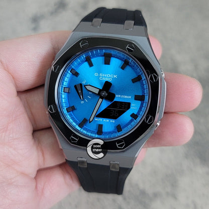 Casioak Mod Watch Polished Grey Case Black Strap Blue Black Time Mark Black Dial 44mm- Casioak Mod Casio G-Shock Royal Oak Custom Mens Luxury Watches Ga2100