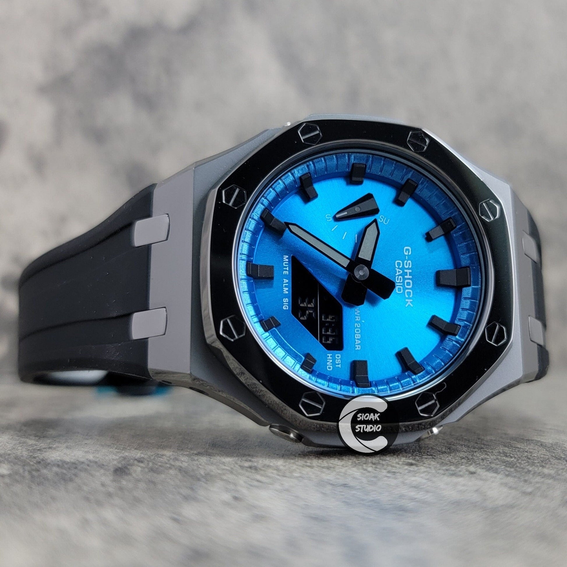 Casioak Mod Watch Polished Grey Case Black Strap Blue Black Time Mark Black Dial 44mm- Casioak Mod Casio G-Shock Royal Oak Custom Mens Luxury Watches Ga2100