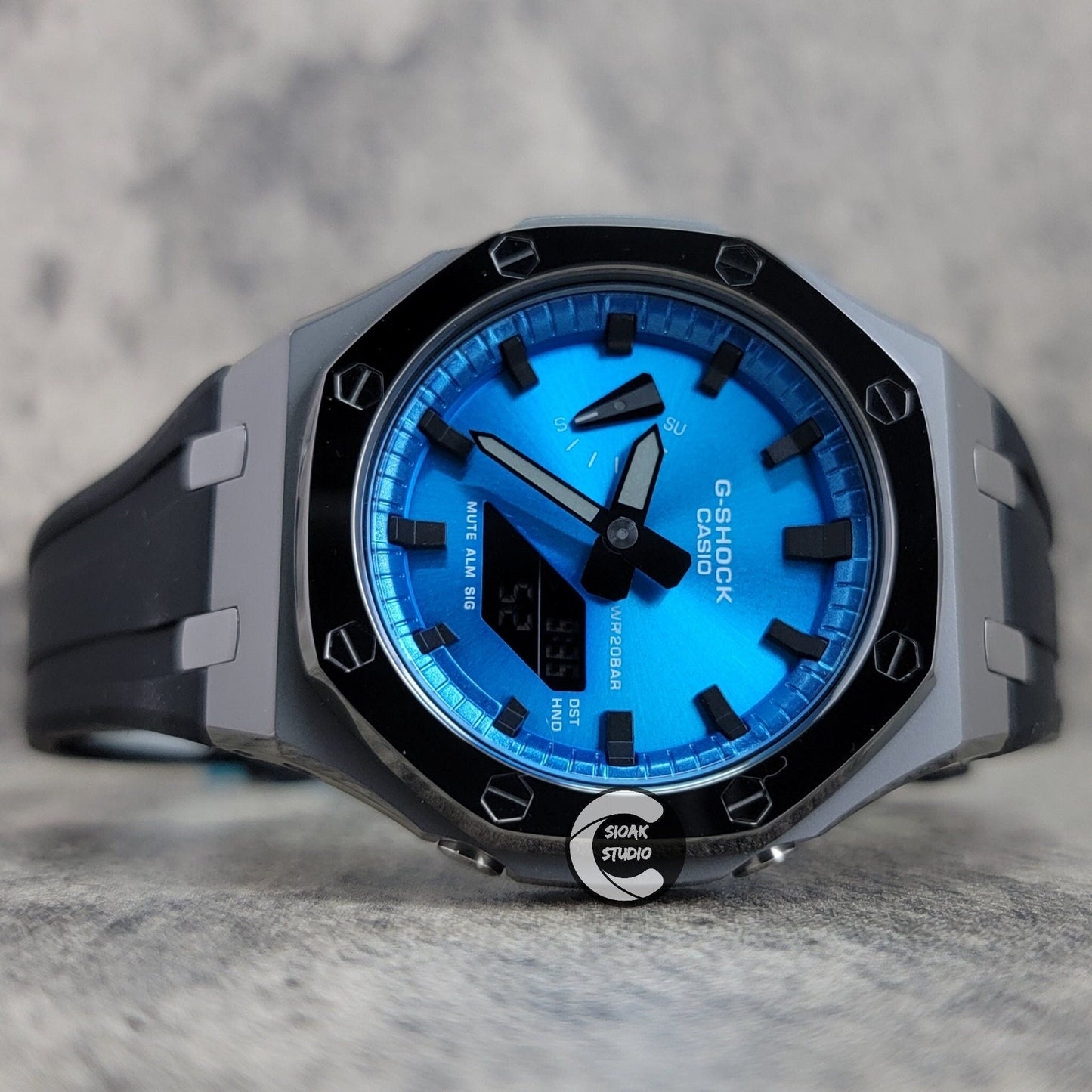 Casioak Mod Watch Polished Grey Case Black Strap Blue Black Time Mark Black Dial 44mm- Casioak Mod Casio G-Shock Royal Oak Custom Mens Luxury Watches Ga2100