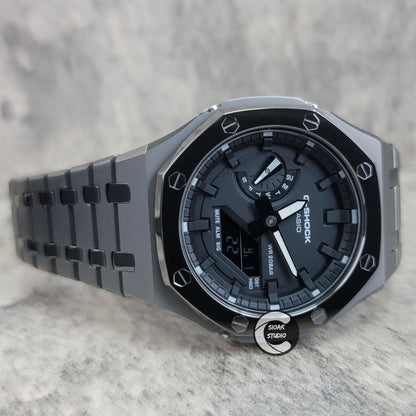 Casioak Mod Watch Polished Grey Case Metal Strap Black Time Mark Black Dial 44mm- Casioak Mod Casio G-Shock Royal Oak Custom Mens Luxury Watches Ga2100