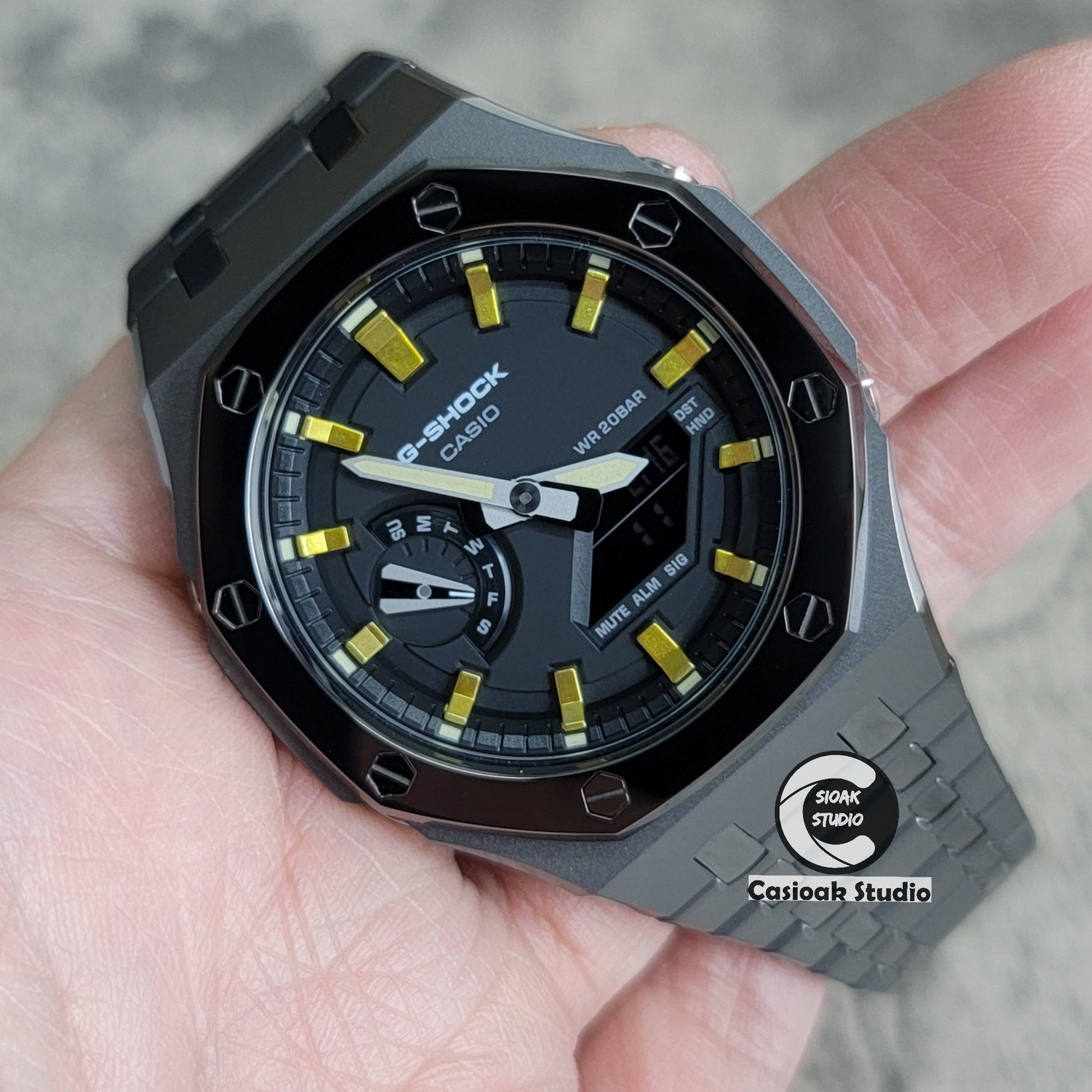 Casioak Mod Watch Polished Grey Case Metal Strap Gold Time Mark Black Dial 44mm- Casioak Mod Casio G-Shock Royal Oak Custom Mens Luxury Watches Ga2100