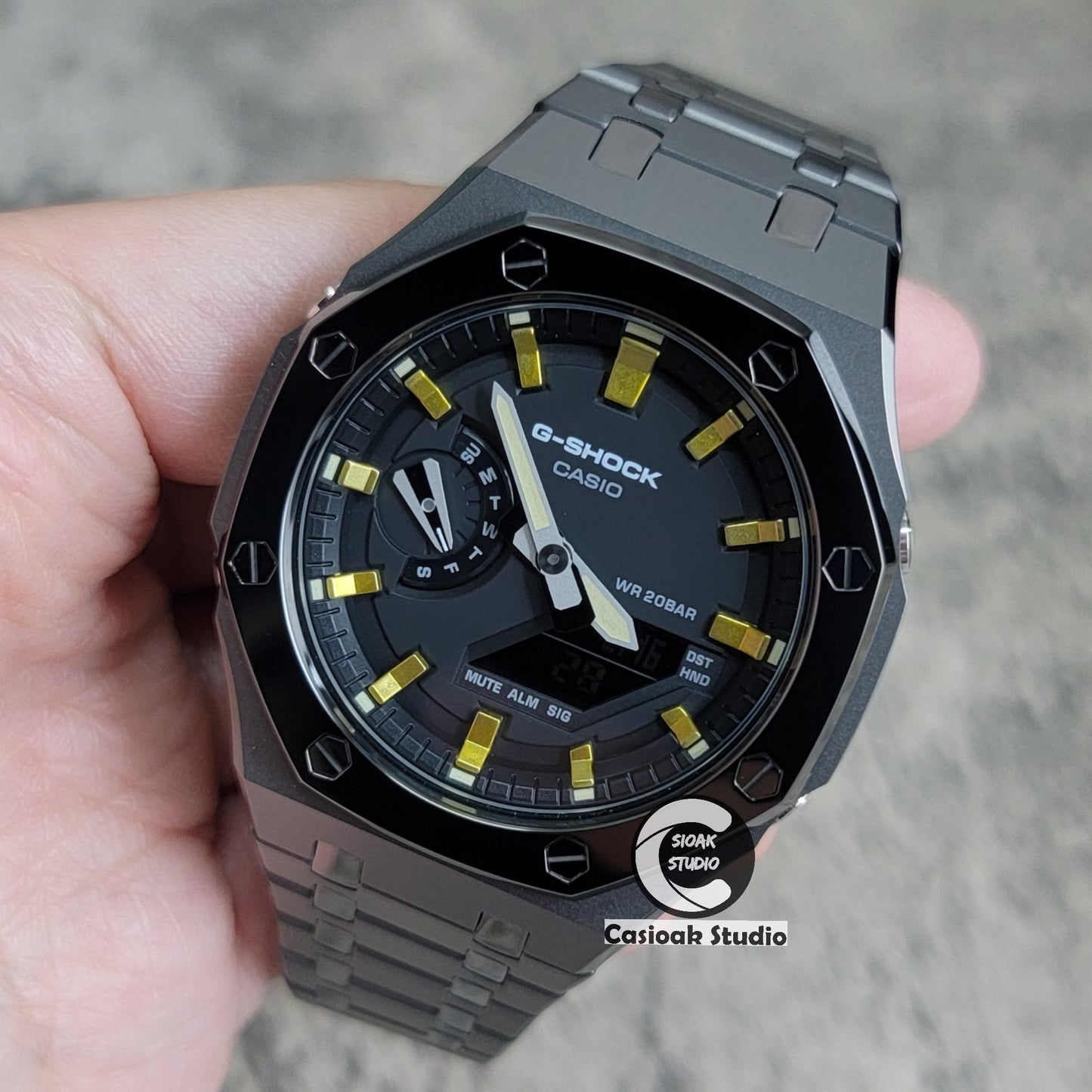 Casioak Mod Watch Polished Grey Case Metal Strap Gold Time Mark Black Dial 44mm- Casioak Mod Casio G-Shock Royal Oak Custom Mens Luxury Watches Ga2100