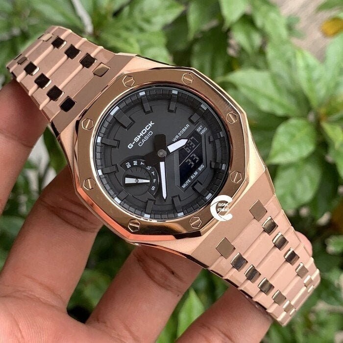 Casioak Mod Watch Polished Rose Gold Case Metal Strap Black Time Mark Black Dial 44mm- Casioak Mod Casio G-Shock Royal Oak Custom Mens Luxury Watches Ga2100