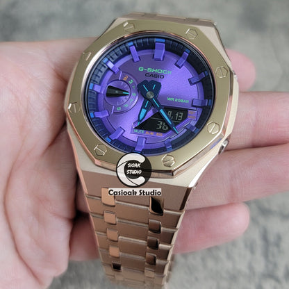 Casioak Mod Watch Polished Rose Gold Case Metal Strap Purple Time Mark Purple Dial 44mm- Casioak Mod Casio G-Shock Royal Oak Custom Mens Luxury Watches Ga2100