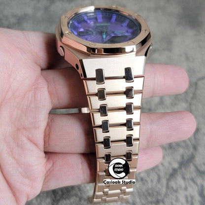 Casioak Mod Watch Polished Rose Gold Case Metal Strap Purple Time Mark Purple Dial 44mm- Casioak Mod Casio G-Shock Royal Oak Custom Mens Luxury Watches Ga2100