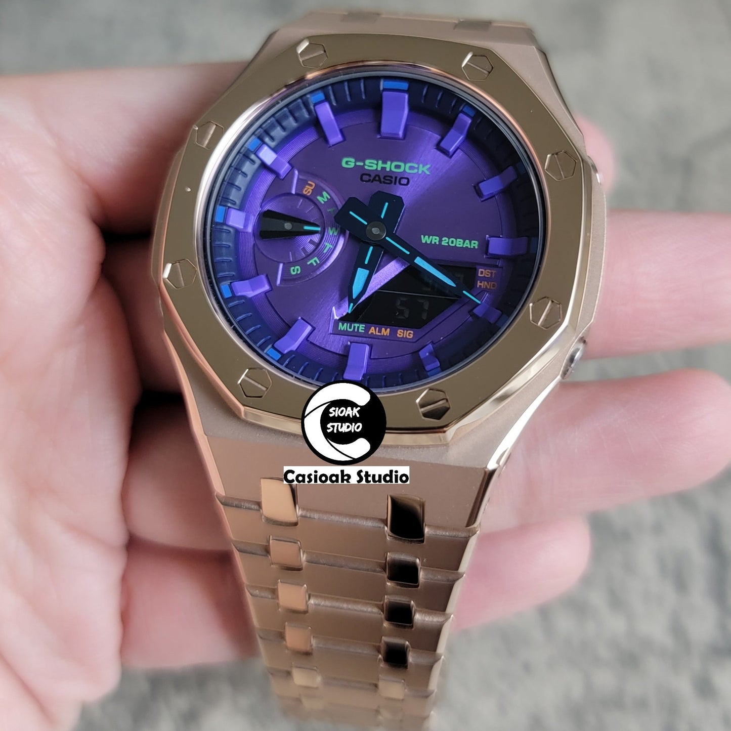 Casioak Mod Watch Polished Rose Gold Case Metal Strap Purple Time Mark Purple Dial 44mm- Casioak Mod Casio G-Shock Royal Oak Custom Mens Luxury Watches Ga2100