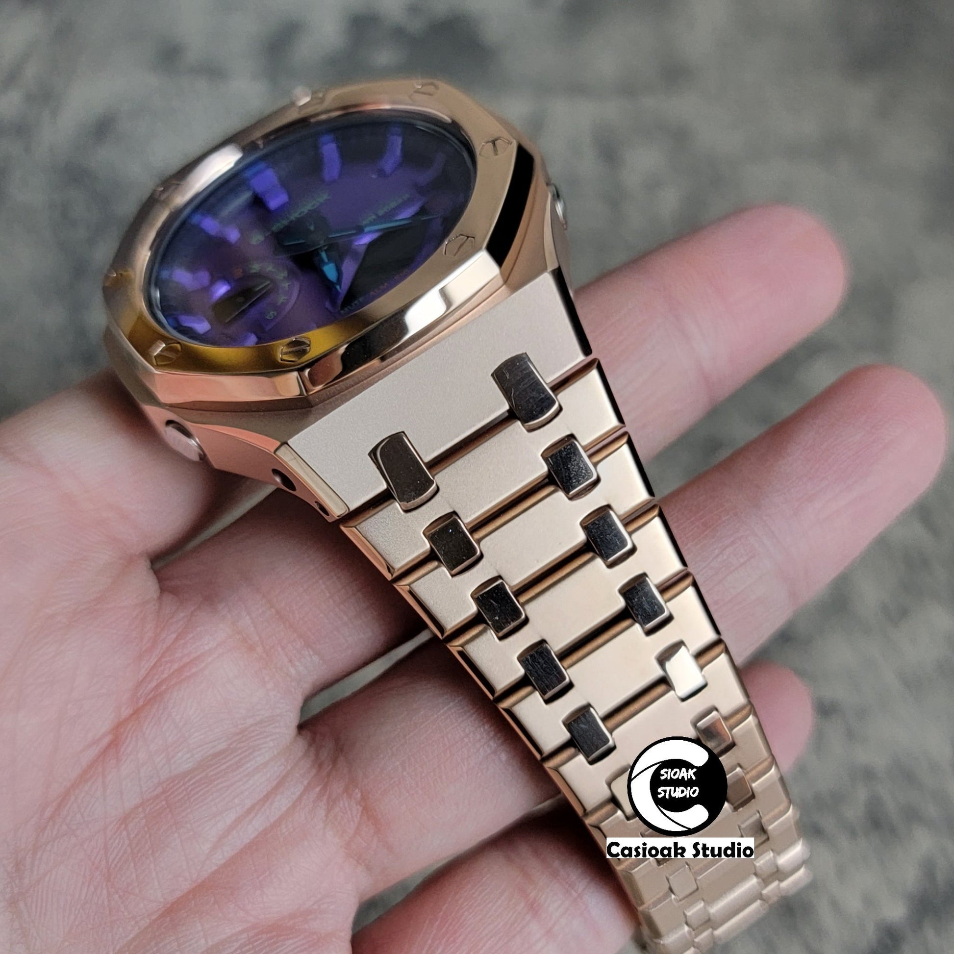 Casioak Mod Watch Polished Rose Gold Case Metal Strap Purple Time Mark Purple Dial 44mm- Casioak Mod Casio G-Shock Royal Oak Custom Mens Luxury Watches Ga2100