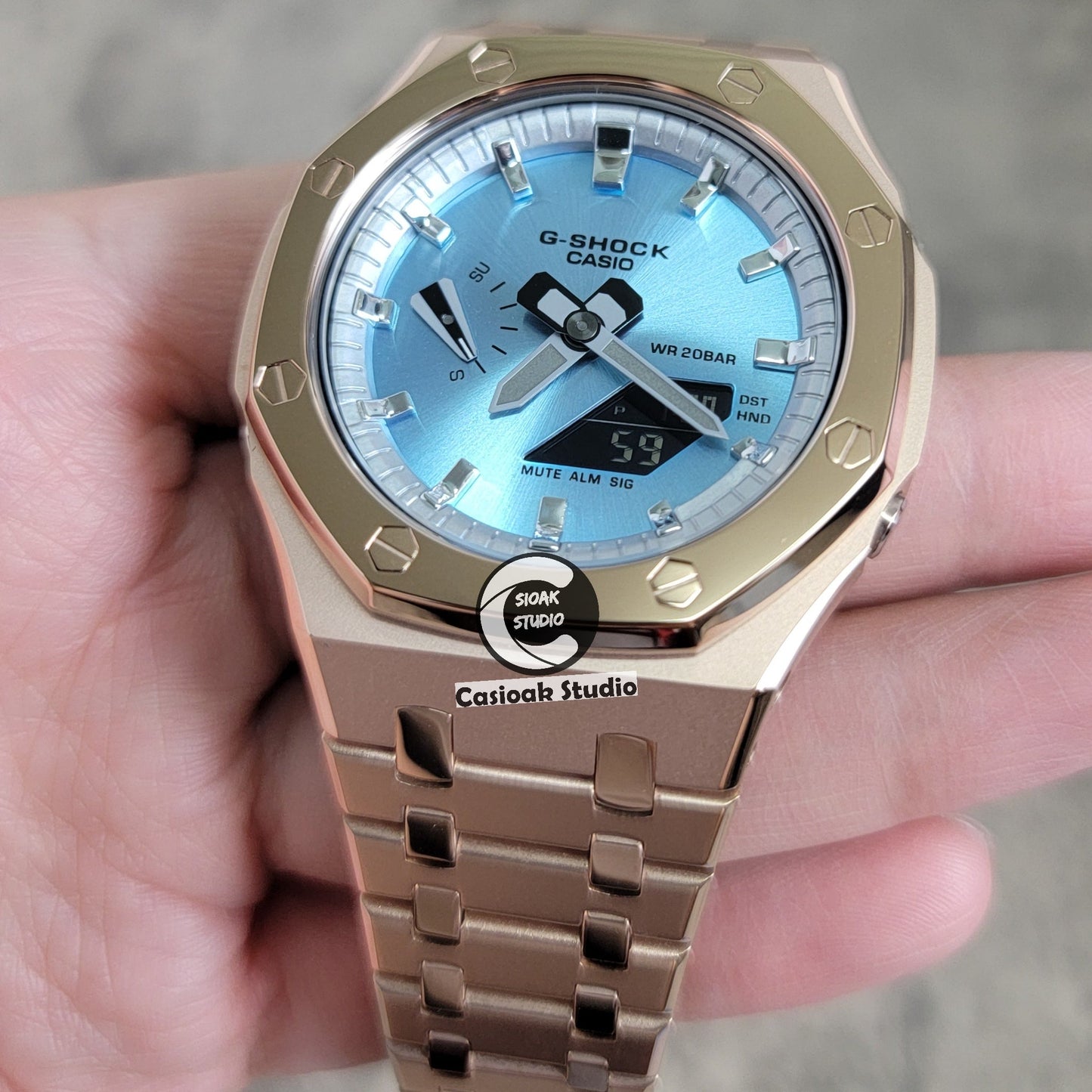 Casioak Mod Watch Polished Rose Gold Case Metal Strap Silver Time Mark Ice Blue Dial 44mm- Casioak Mod Casio G-Shock Royal Oak Custom Mens Luxury Watches Ga2100