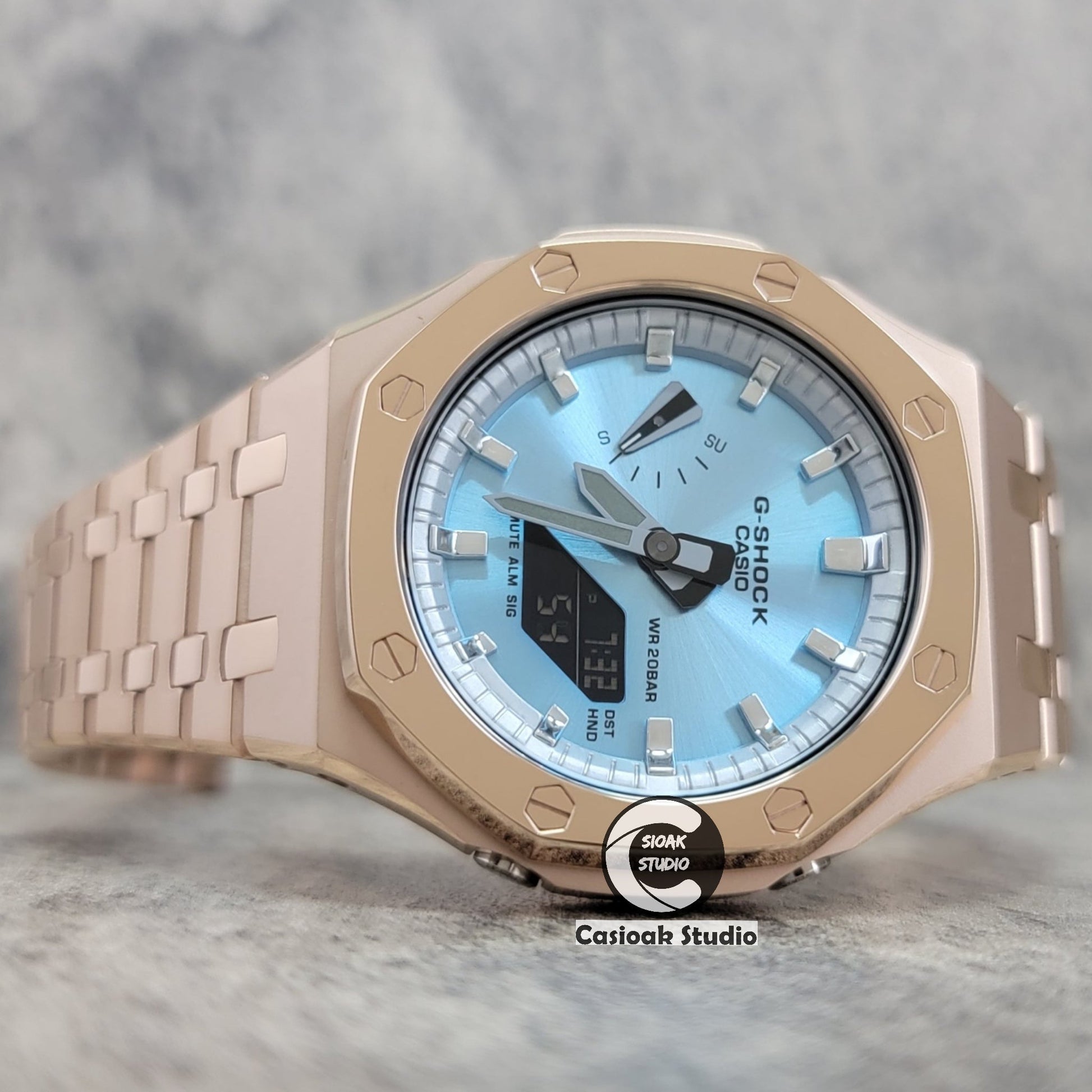 Casioak Mod Watch Polished Rose Gold Case Metal Strap Silver Time Mark Ice Blue Dial 44mm- Casioak Mod Casio G-Shock Royal Oak Custom Mens Luxury Watches Ga2100