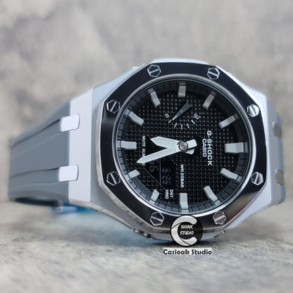 Casioak Mod Watch Polished Silver Case Black Strap Black Gray Time Mark Black Waffle Dial 44mm- Casioak Mod Casio G-Shock Royal Oak Custom Mens Luxury Watches Ga2100