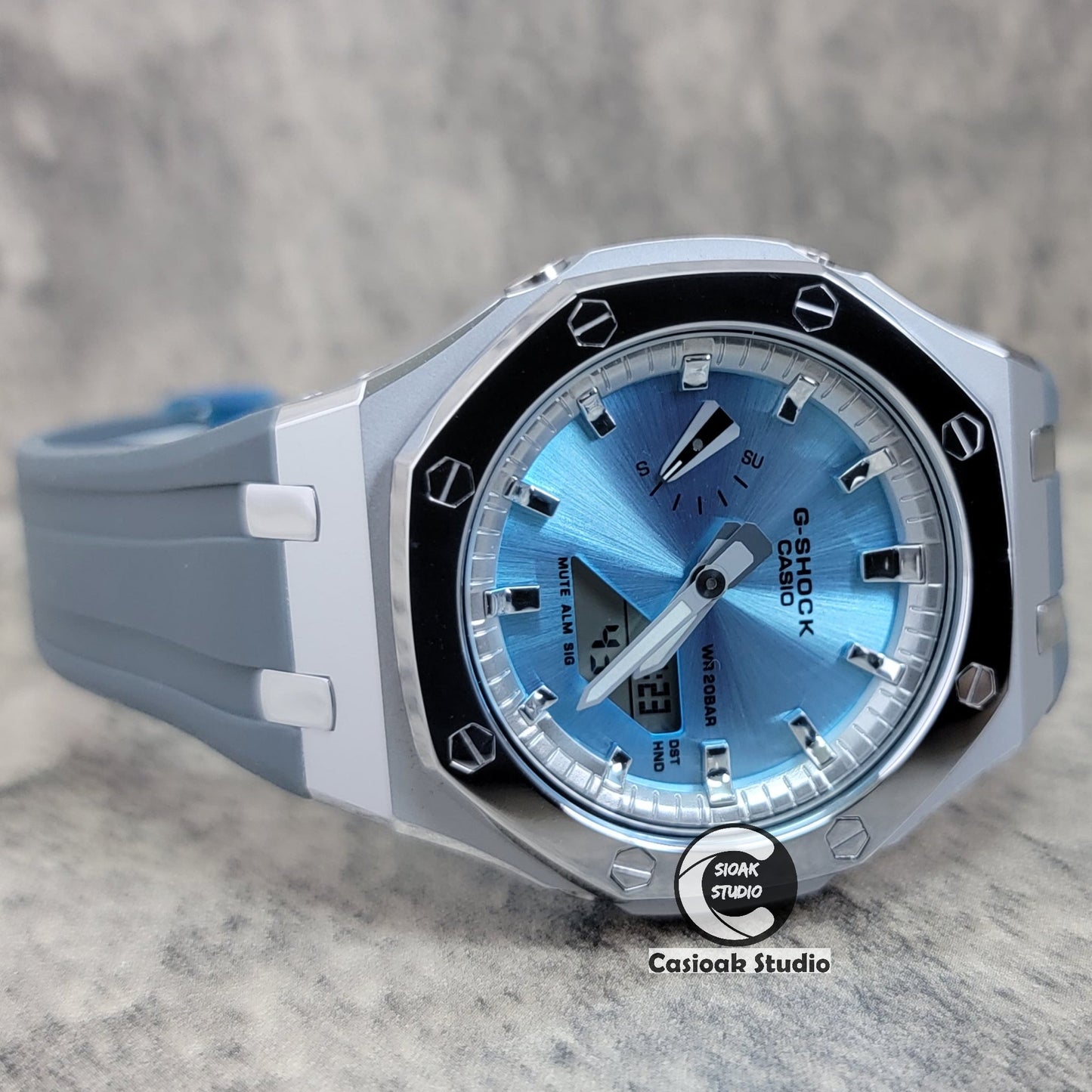 Casioak Mod Watch Polished Silver Case Black Strap Silver Time Mark Blue Dial 44mm- Casioak Mod Casio G-Shock Royal Oak Custom Mens Luxury Watches Ga2100