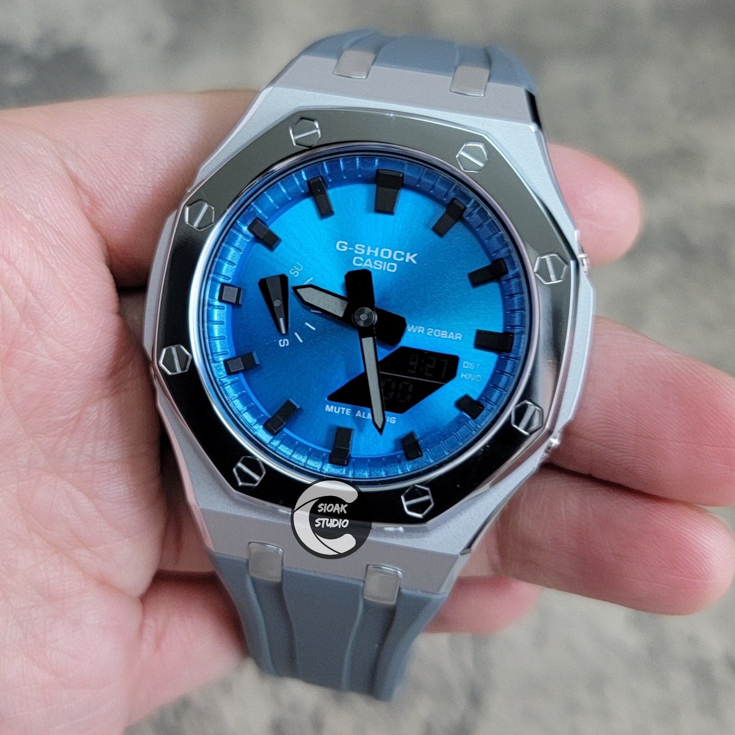 Casioak Mod Watch Polished Silver Case Grey Strap Blue Black Time Mark Metallic Blue Dial 44mm- Casioak Mod Casio G-Shock Royal Oak Custom Mens Luxury Watches Ga2100