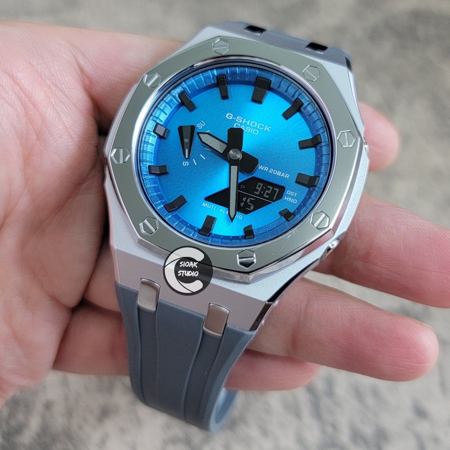 Casioak Mod Watch Polished Silver Case Grey Strap Blue Black Time Mark Metallic Blue Dial 44mm- Casioak Mod Casio G-Shock Royal Oak Custom Mens Luxury Watches Ga2100