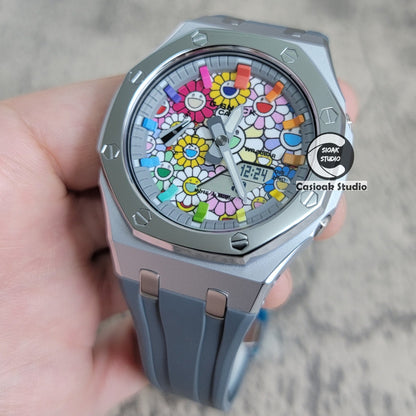 Casioak Mod Watch Polished Silver Case Grey Strap Gray Rainbow Time Mark TAKASHI MURAKAM Dial 44mm- Casioak Mod Casio G-Shock Royal Oak Custom Mens Luxury Watches Ga2100