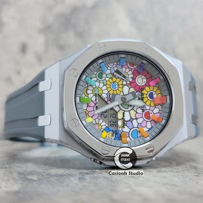 Casioak Mod Watch Polished Silver Case Grey Strap Gray Rainbow Time Mark TAKASHI MURAKAM Dial 44mm- Casioak Mod Casio G-Shock Royal Oak Custom Mens Luxury Watches Ga2100