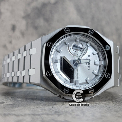 Casioak Mod Watch Polished Silver Case Metal Strap Silver Time Mark Silver Dial 44mm- Casioak Mod Casio G-Shock Royal Oak Custom Mens Luxury Watches Ga2100