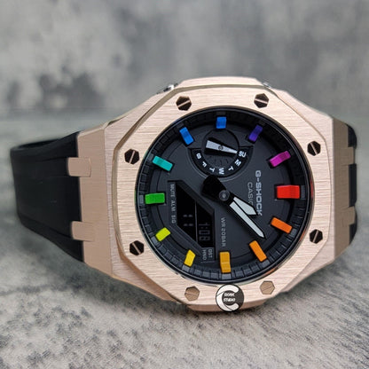 Casioak Mod Watch Rose Gold Case Black Rubber Strap Black Rainbow Time Mark Black Dial 44mm- Casioak Mod Casio G-Shock Royal Oak Custom Mens Luxury Watches Ga2100